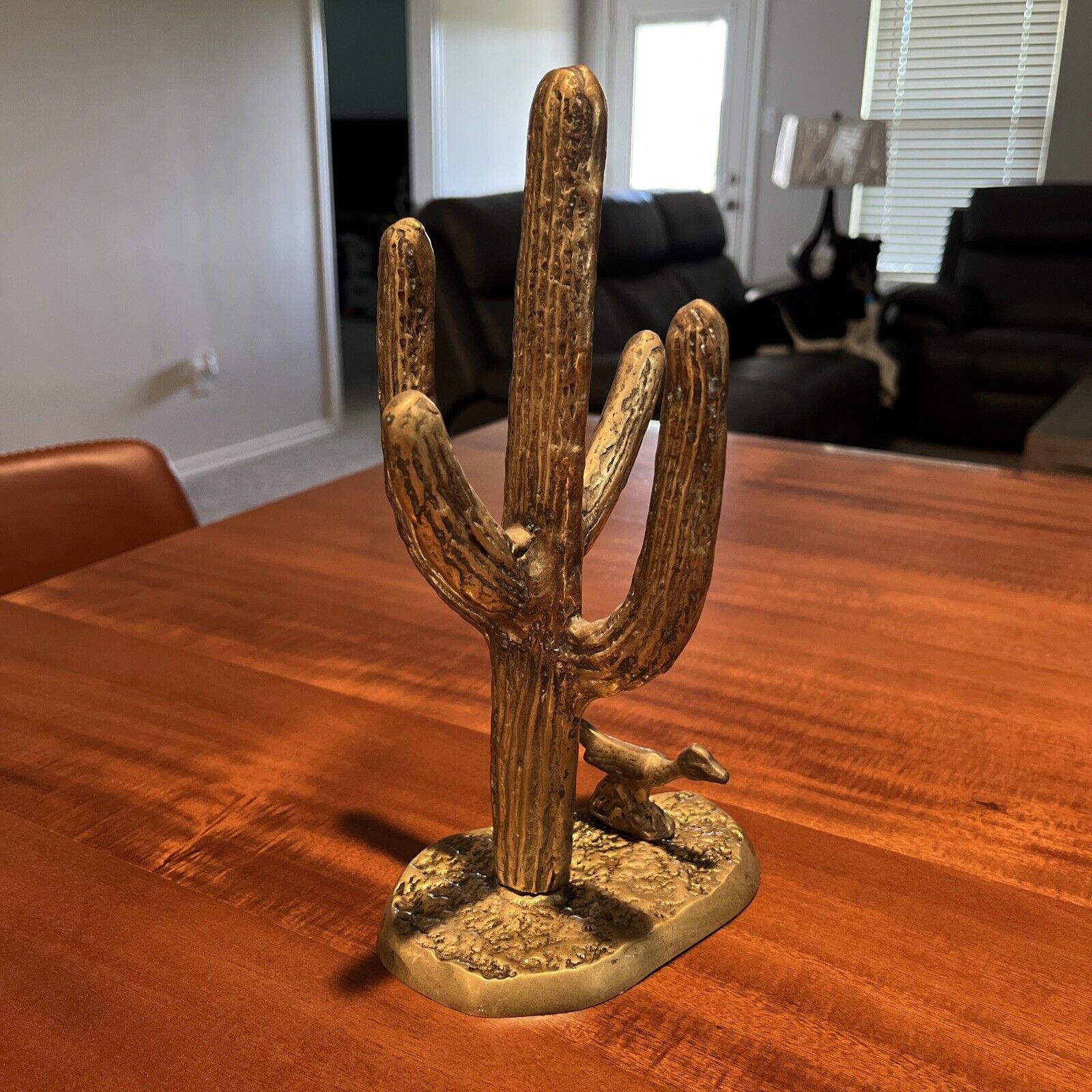 Vintage Brass Saguaro Cactus with Roadrunner Sculpture Southwestern