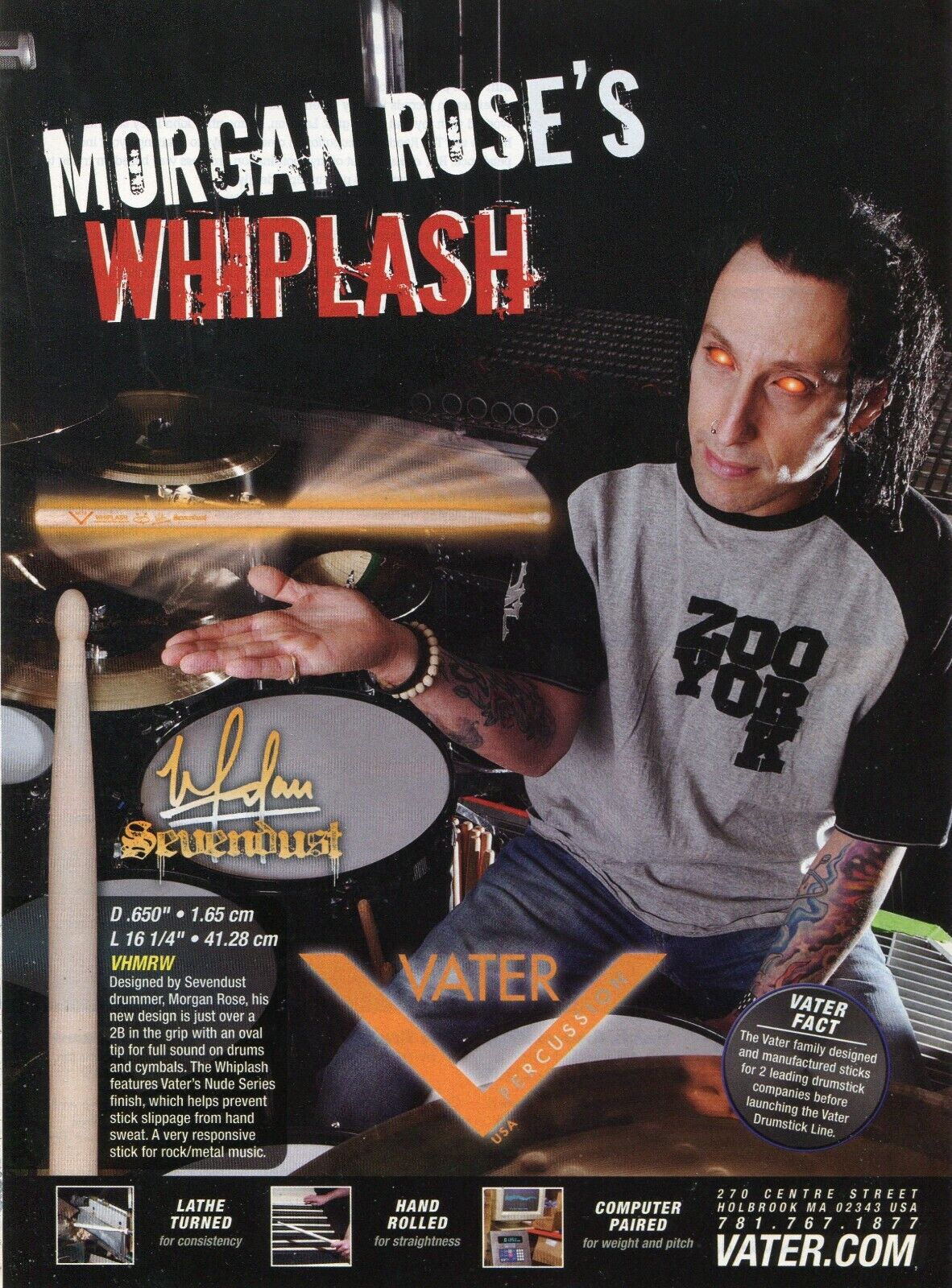 2007 Print Ad of Vater Whiplash Drumsticks w Morgan Rose of Sevendust
