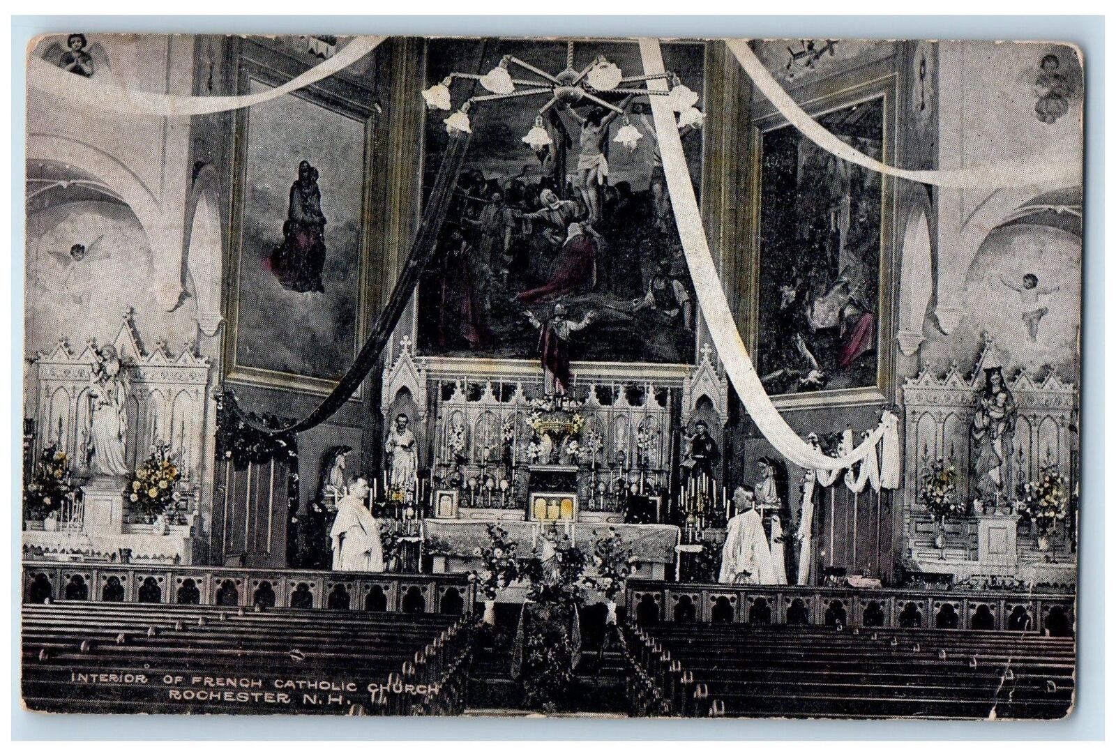 1911 Interior Of French Catholic Church Paintings Scene Rochester NH Postcard