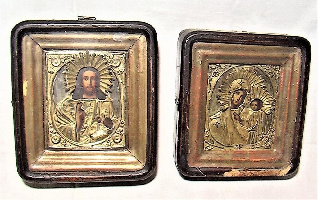 Two Pair Antique Icon Savior Mother of God Religion Christian Wood, Brass Frame