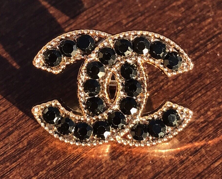 1 Chanel Shank Button, 22mm, Black Crystal & Gold Designer Button