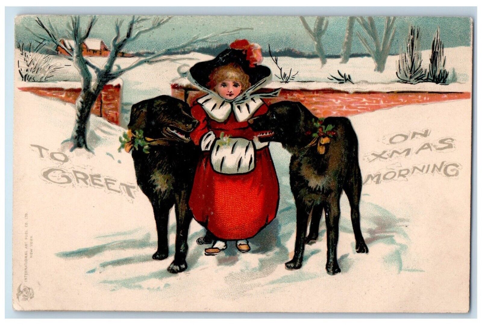 c1905 Christmas Girl Handwarmer Holly Labrador Dogs Winter Snow Antique Postcard