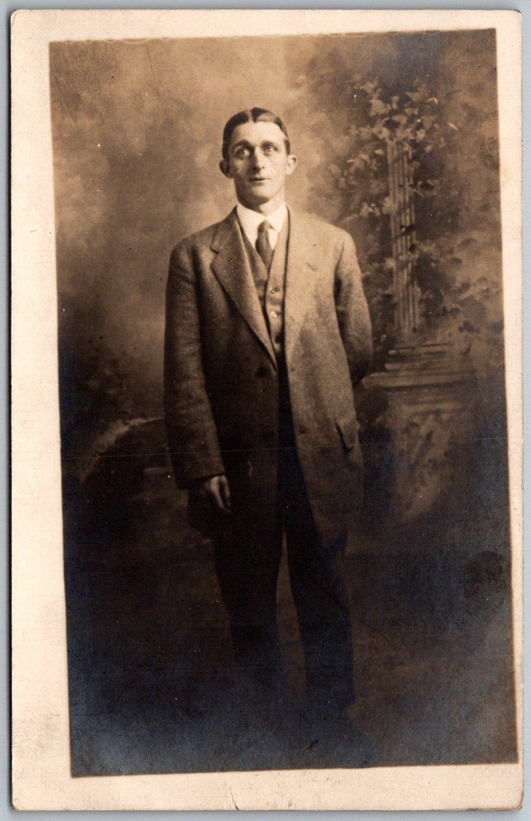 c1908 RPPC Real Photo Postcard Standing Man Suit Tie Vest