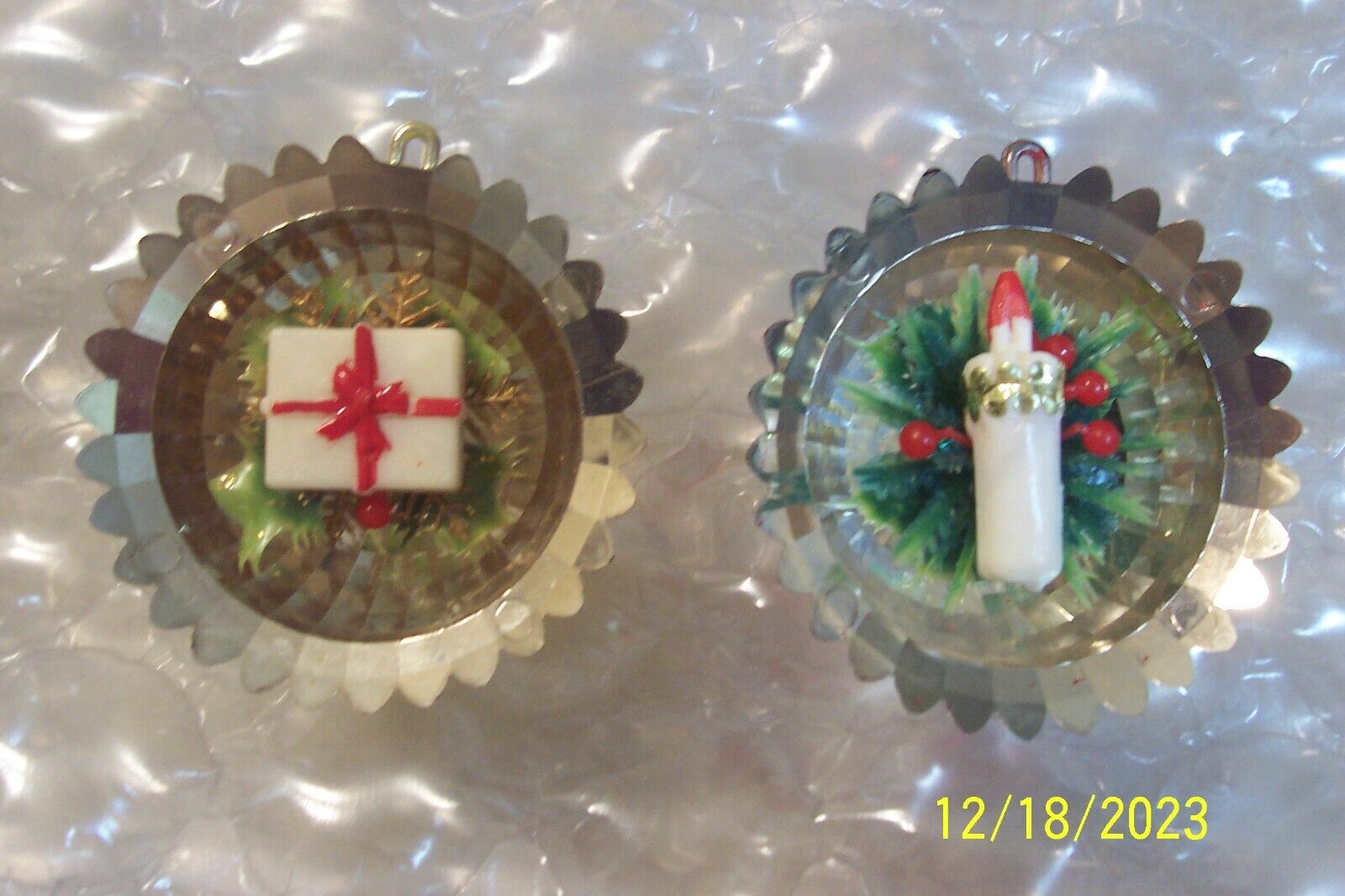 2 Vintage Jewel Brite Plastic Christmas Ornaments With Candle & Gift