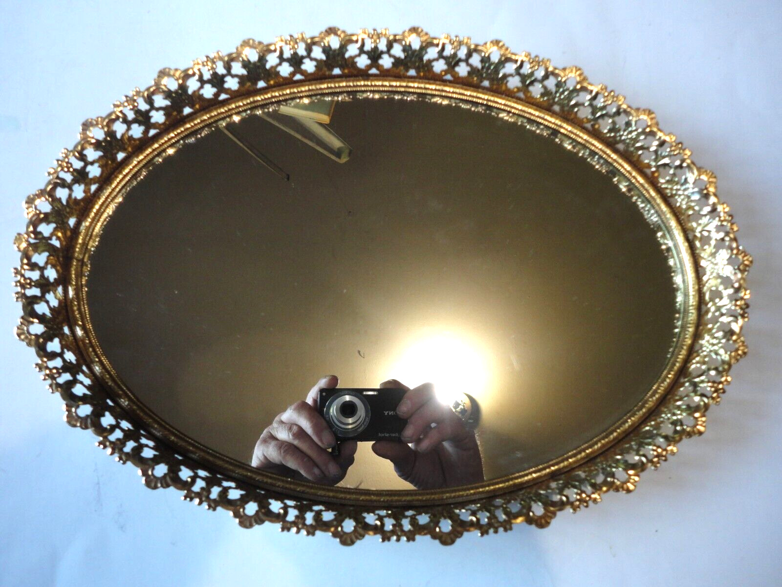 Antique Vintage Oval Filigree Lace Mirror Tray Gold Trim Vanity Cosmetic Mirror