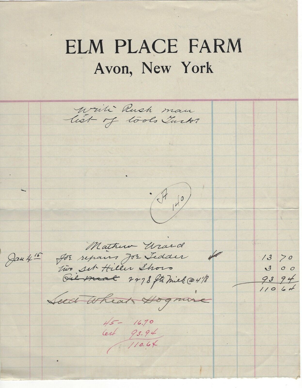 Circa 1910/1920, Invoice/Statement Elm Place Farm, Avon, New York, Repairs, Etc.