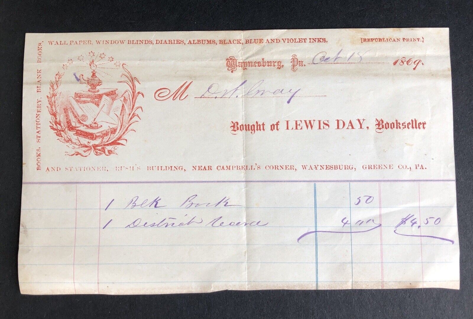 1869 Billhead, Stationery Bookseller, Bookstore Invoice Lewis Day Waynesburg, PA