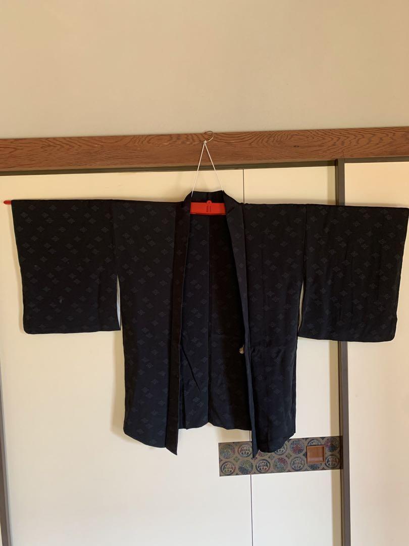 Black Haori With Background Pattern, Antique, Stylish, Same-Fabric Linen Japan