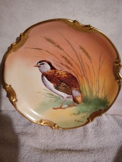 ANTIQUE LIMOGES CORONET FRANCE GAME BIRD PLATE W/GOLD SIGNED L COUDERT