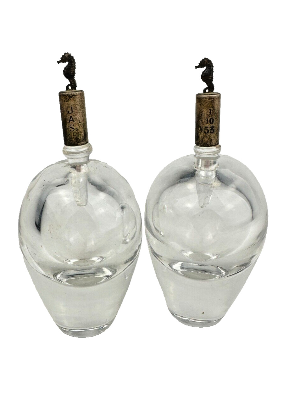 Pair of Vintage Art Glass Perfume Bottles w/Metal Stopper Tops Seahorse Mark JAS