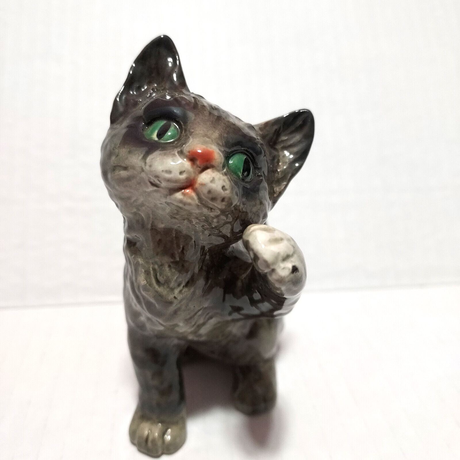 Vintage Goebel Cat Figurine 4.5” Gray Tabby Kitten w/ Green Eyes
