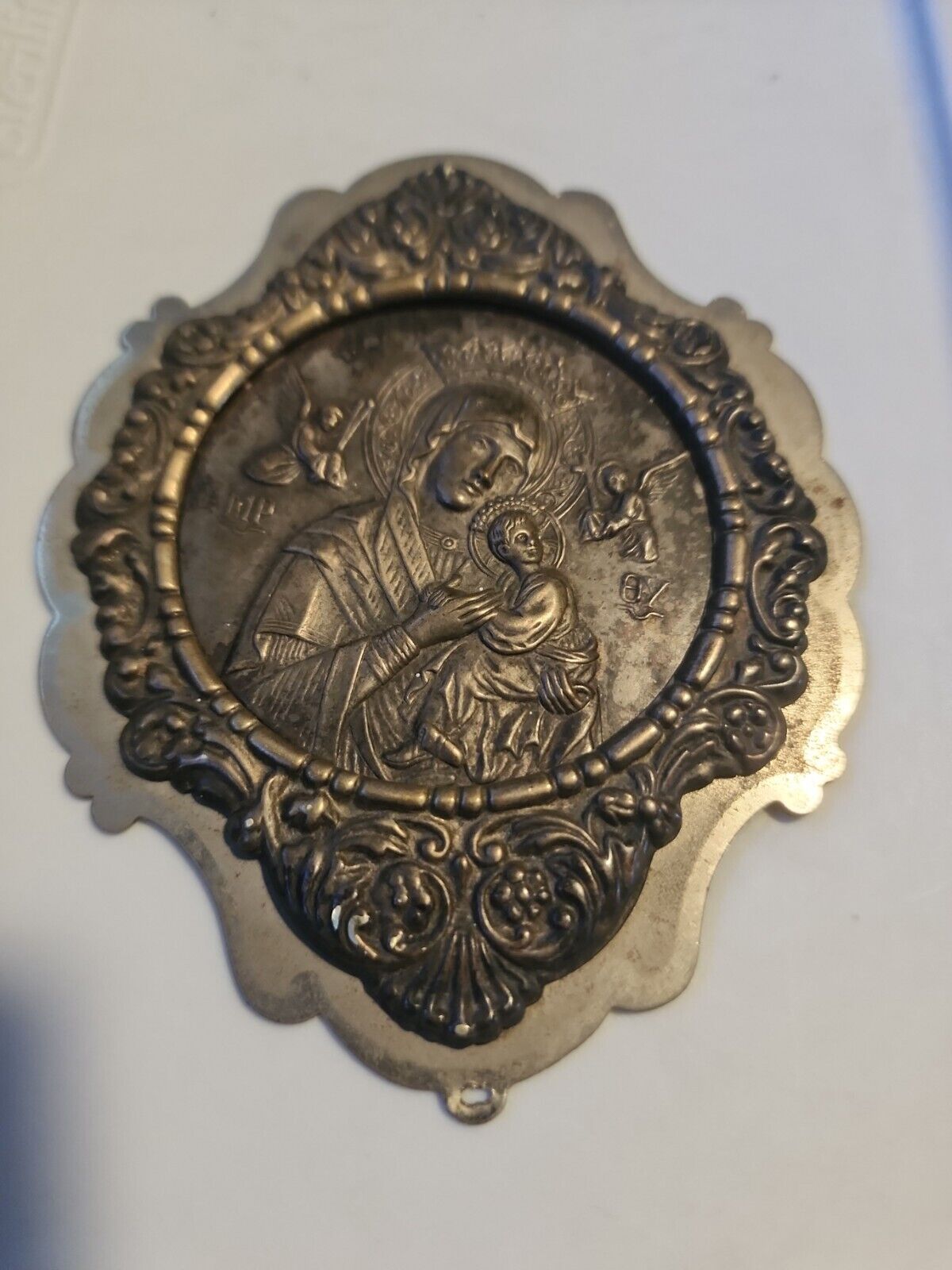ANTIQUE SILVER MEDAlion Greek Christian Icon Virgin Mary with Jesus