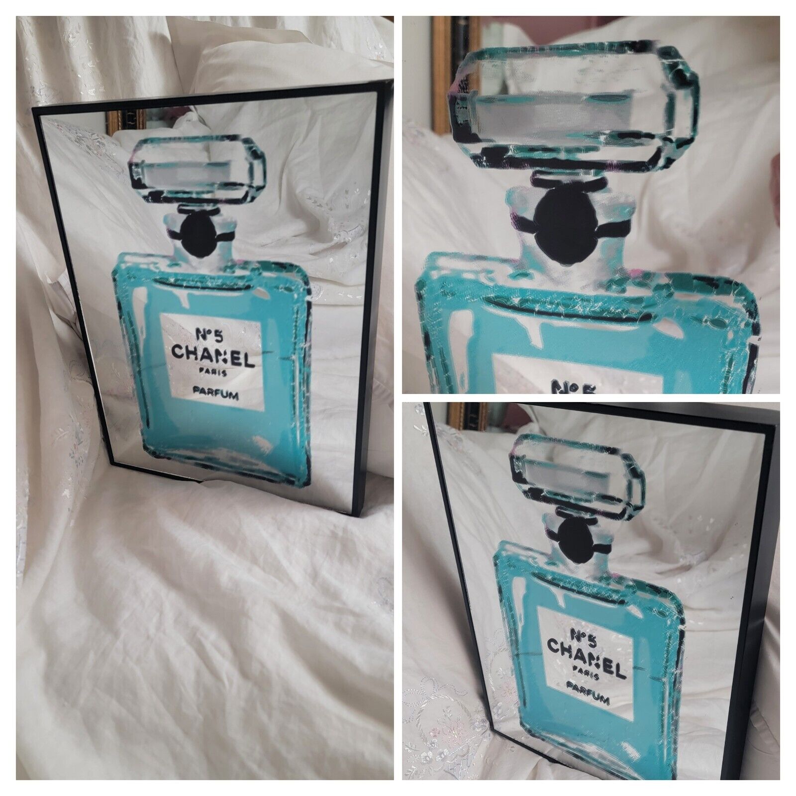 CHANEL Number No 5 Blue Perfume Bottle Mirror Wall Art 11,5”x14 1/2 Look At Pict