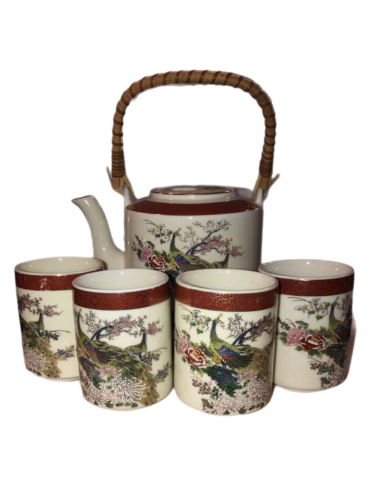 1979 Arnart Imports Satsuma Teapot & 4 Cups Multicolored Peacocks & Flowers READ
