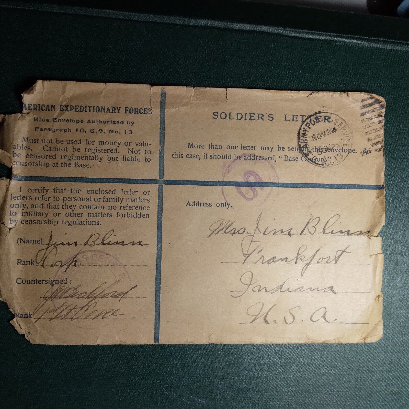 WW1 Era Soldier\'s Letter Cover..  1918 U. S. Army Postal Service No. 2 Cancel.