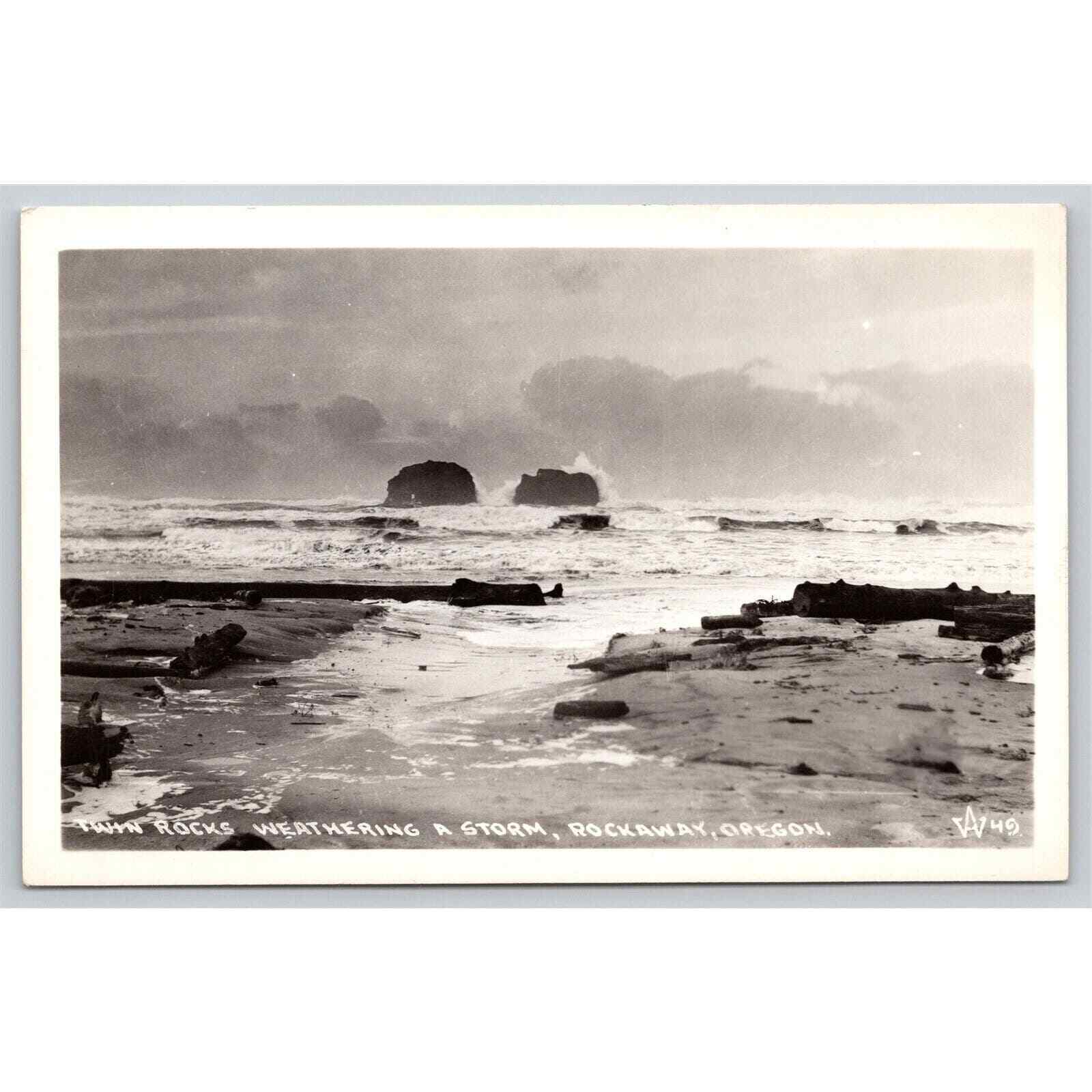Postcard RPPC Oregon Rockaway Twin Rocks Weathering A Storm