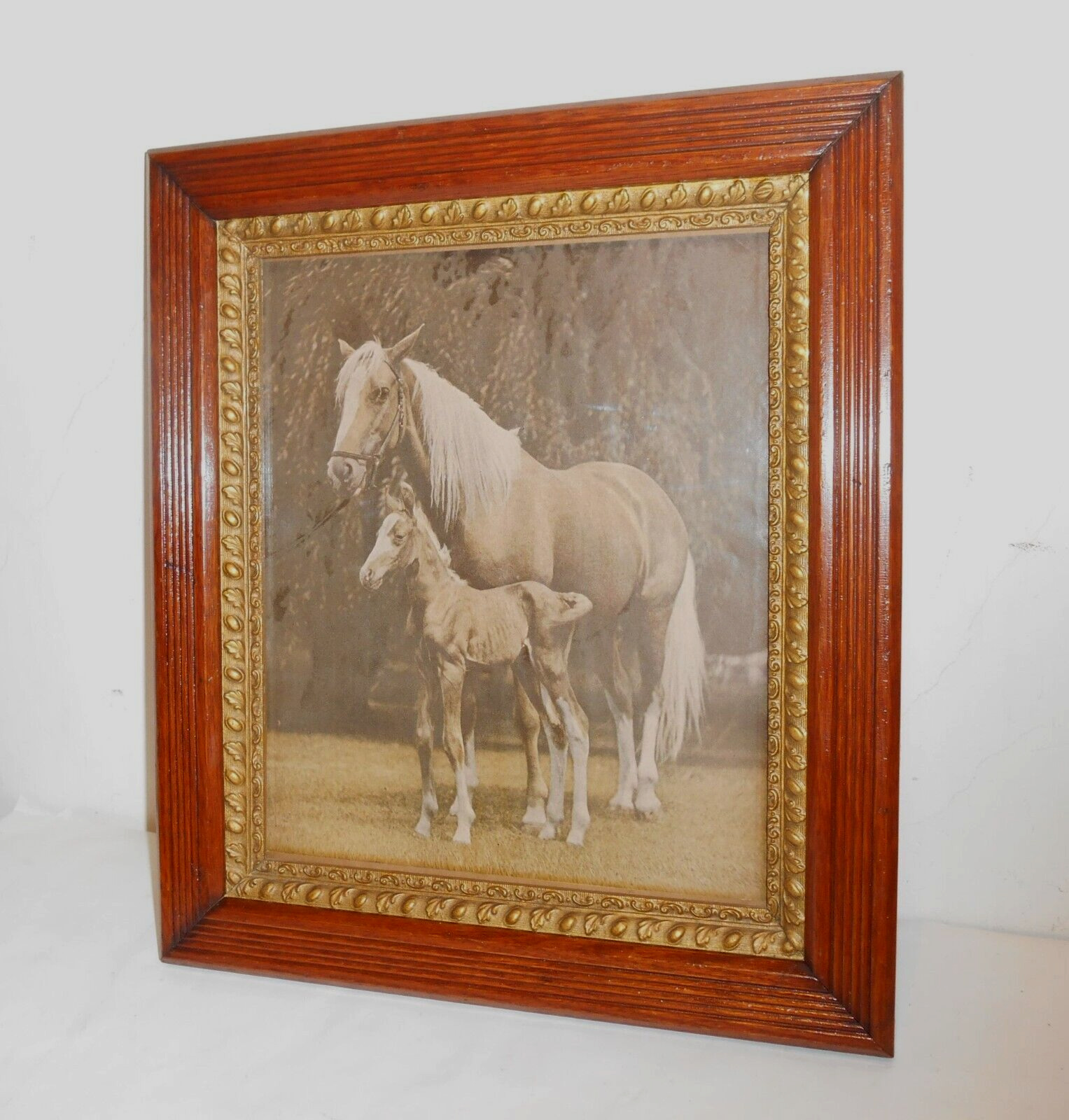 Antique Oak Wood Picture Frame Fluted Gold Gilt Trim Horse Foal Victorian