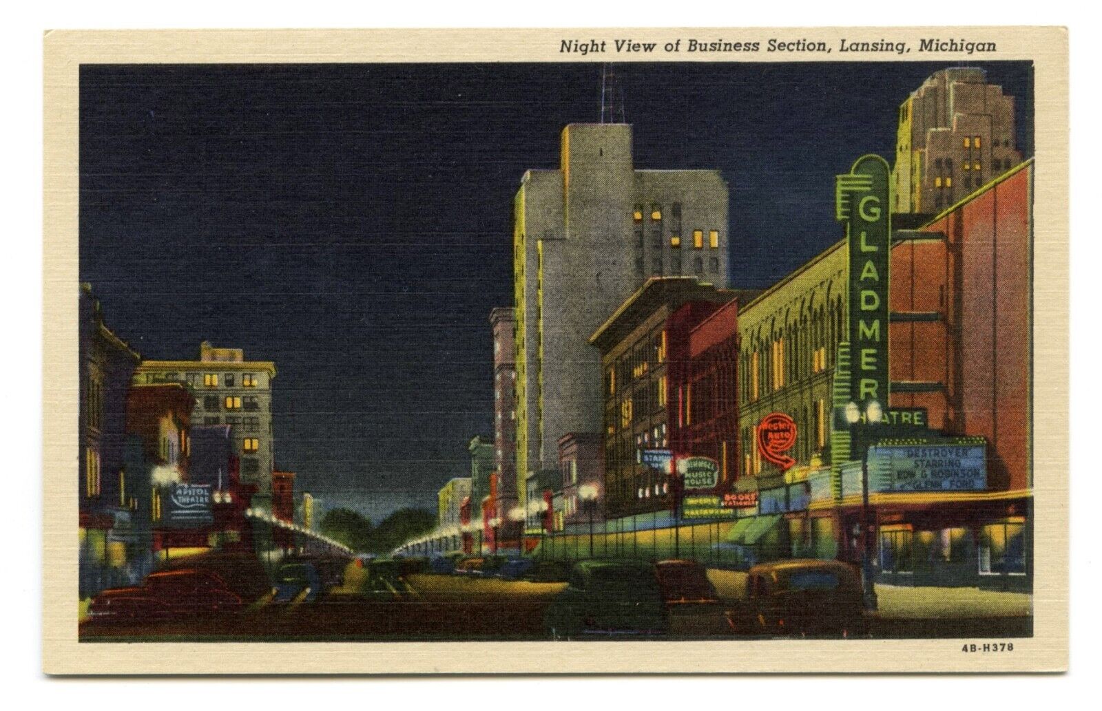 Night View Of Business Section, Lansing, Michigan- Vintage Linen Postcard 1940's