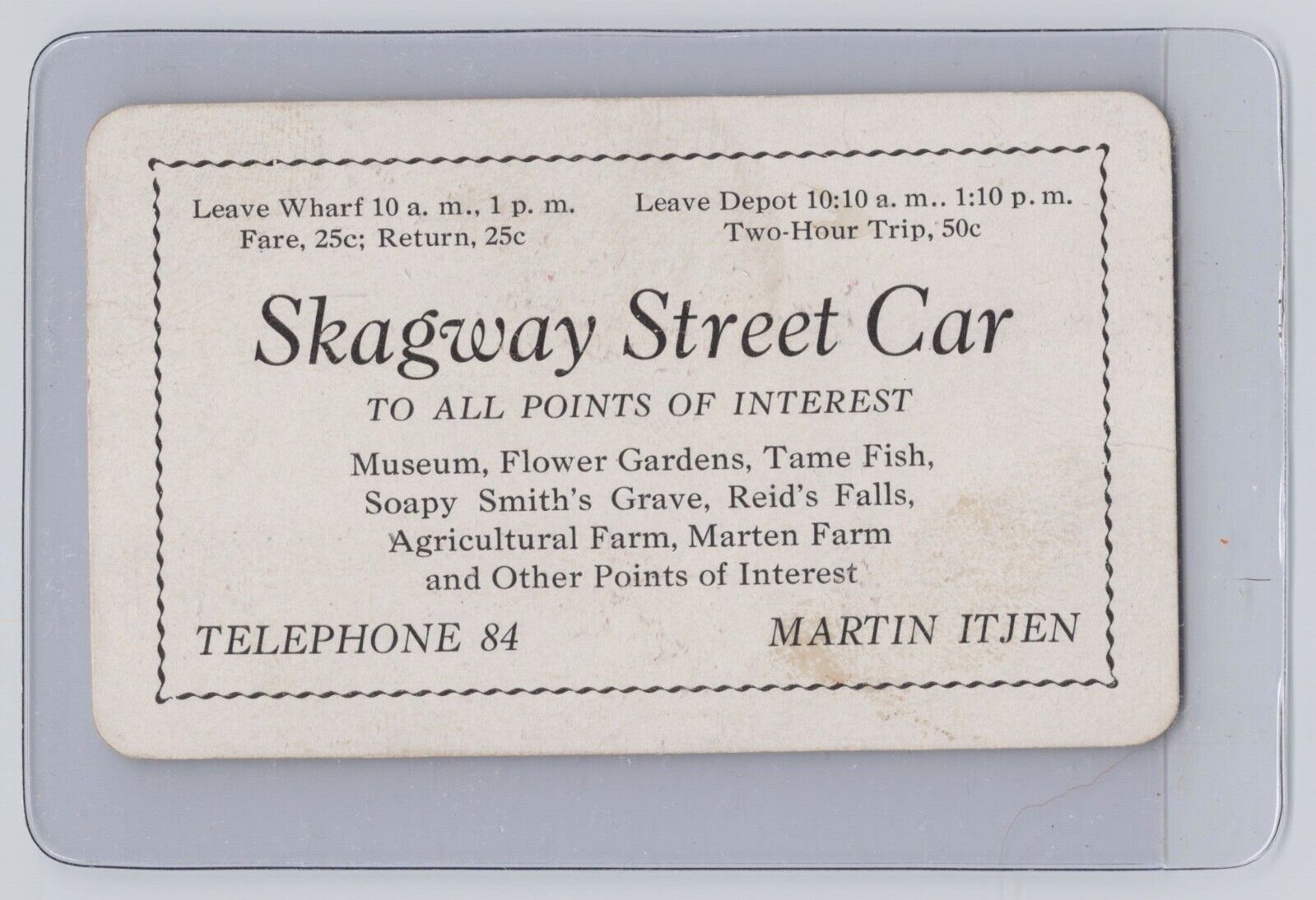 Martin Itjen Skagway Street Car Alaska Bus Tour Business Card 1920s B1-11