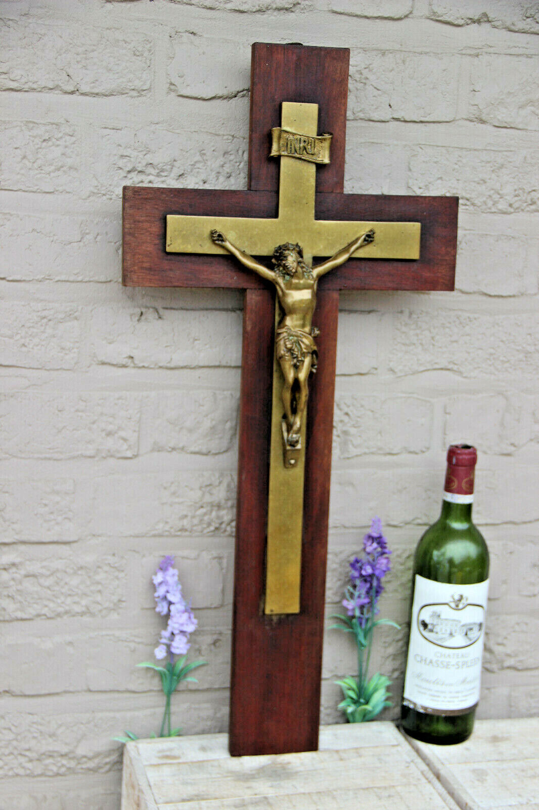 XL Antique French bronze wood church crucifix Cross religious 