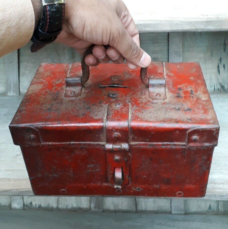 Vintage Solid Iron Red Color Coin BOX MULTI Purpose Coin Box COLLECTIBLE Tin Box