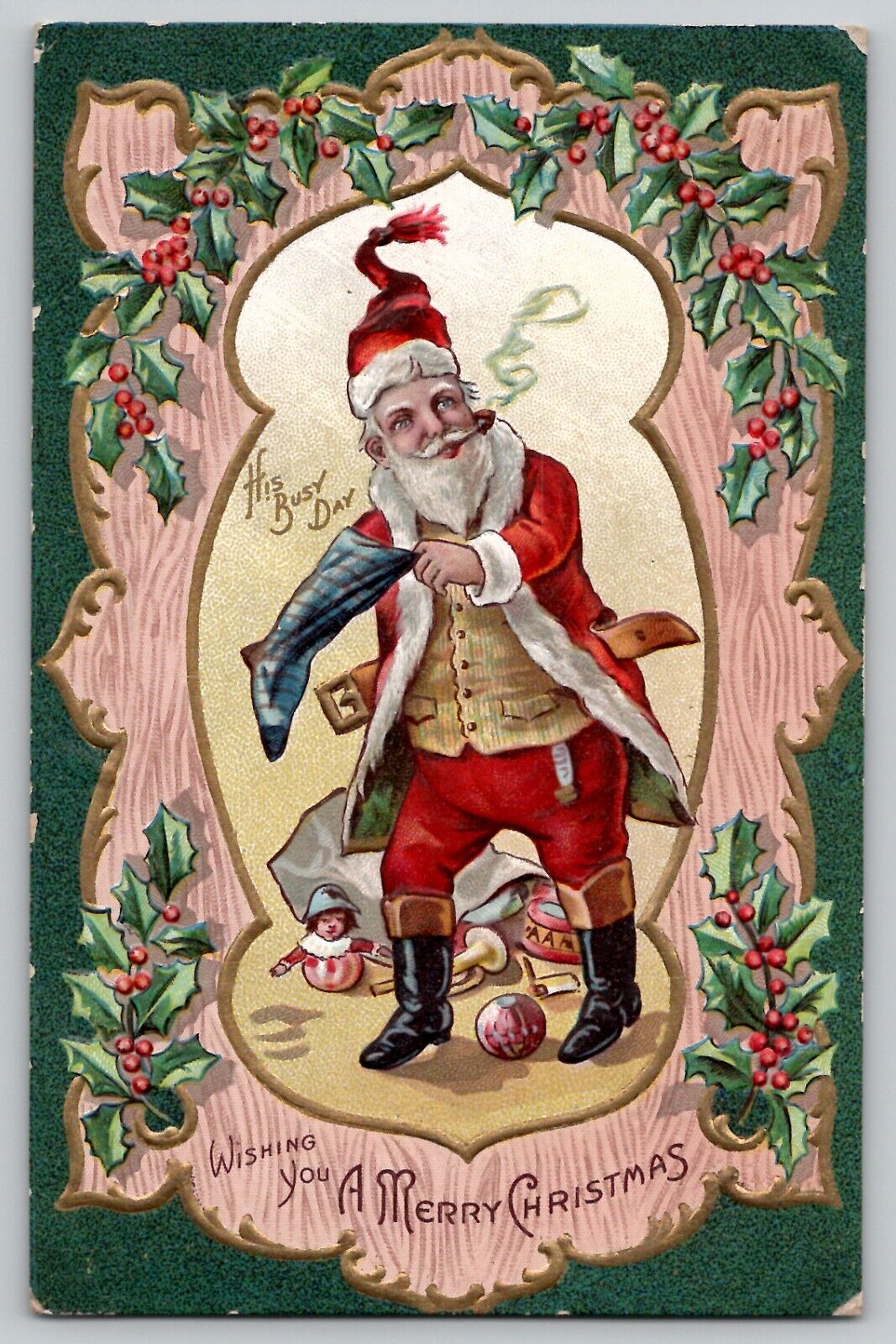 1910\'s Santa Claus His Busy Day Series No 18 Pipe Vintage Christmas Postcard