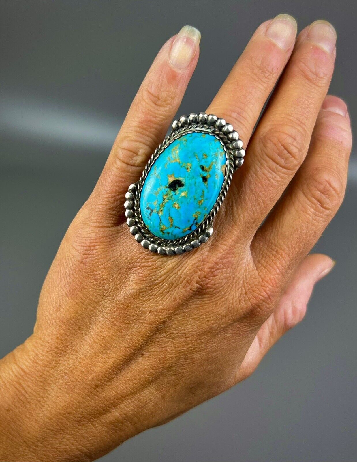 HUGE 2” Vintage Navajo Old Pawn Sterling Silver Turquoise Ring 25 Grams