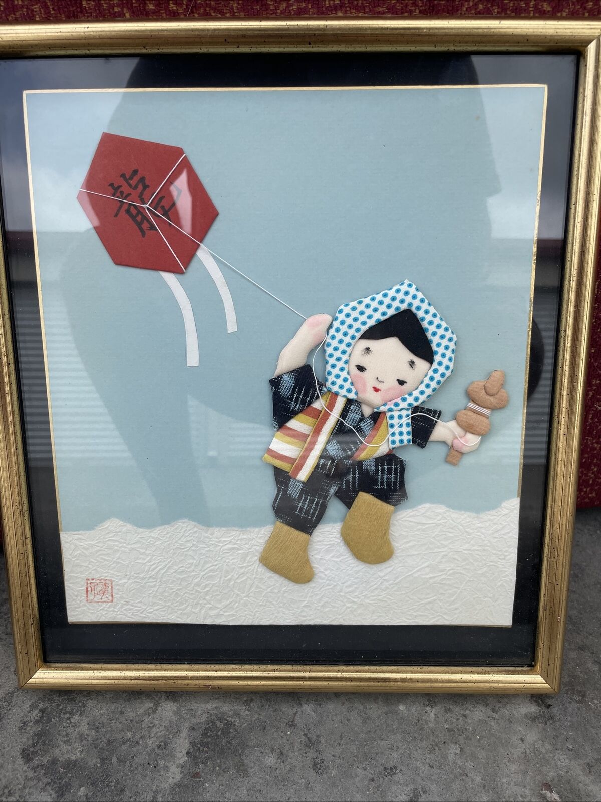 Vintage Framed Signed 3D Fabric Wall Art Japanese Snow Boy Flying Kit