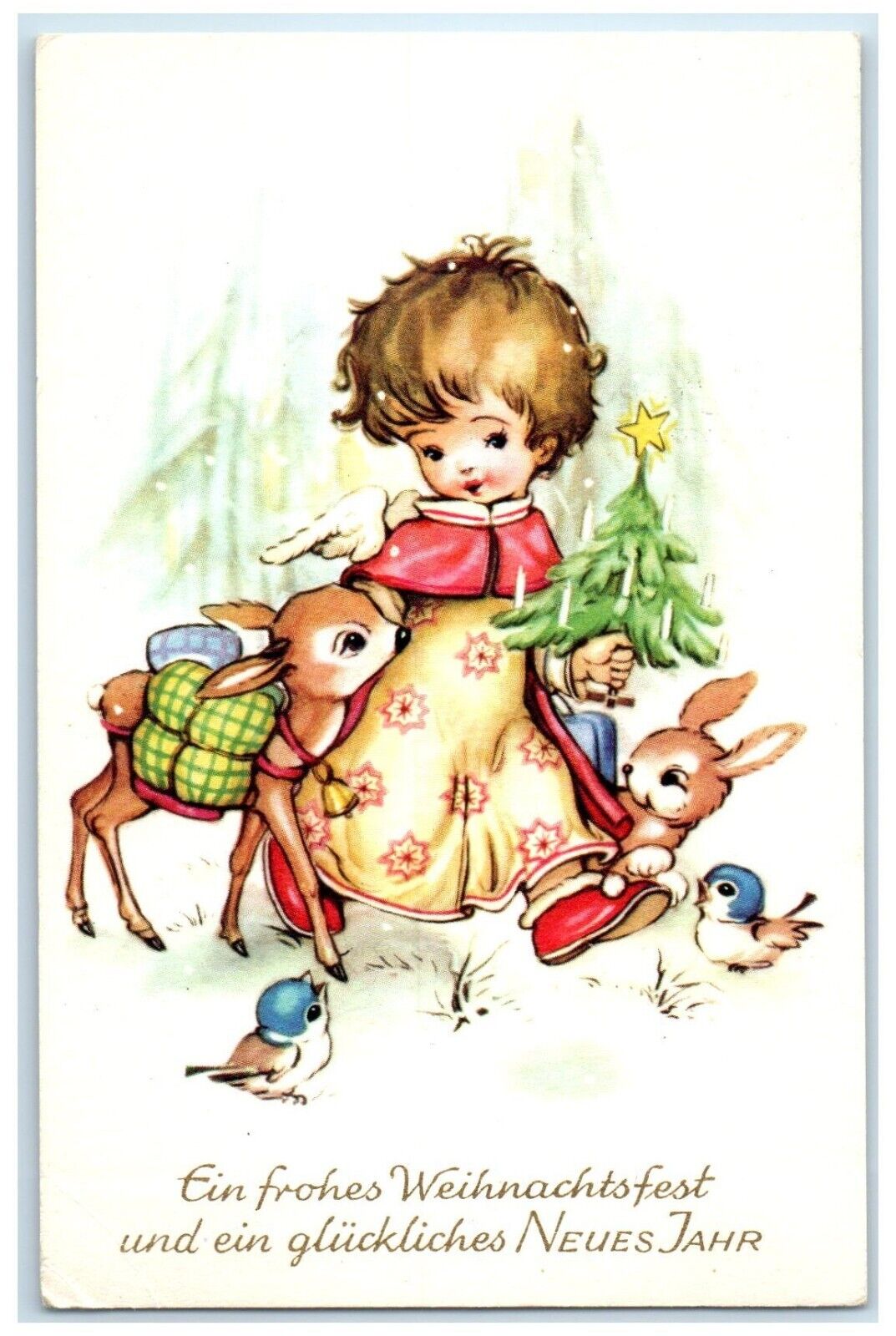 c1960's New Year Little Girl And Rabbit Song Bird Winter Scene Vintage Postcard