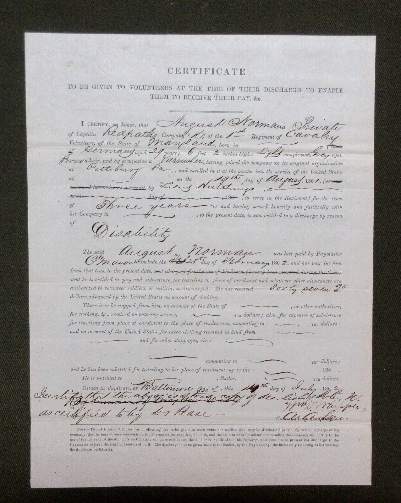 1st Maryland Cavalry Certificate of Discharge- Signed by Wm. D. Whipple BGen.
