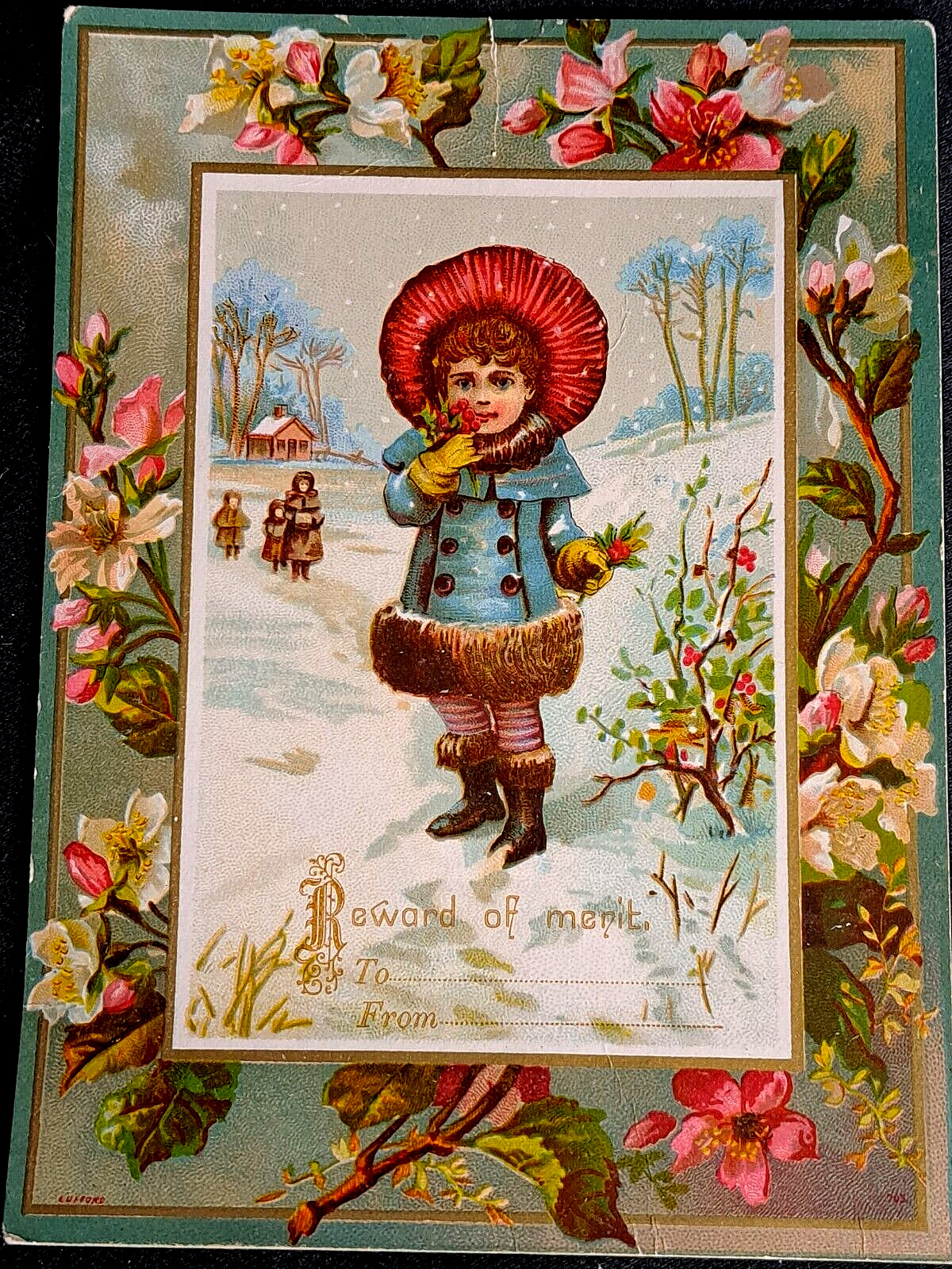 c1800s Antique Girl Winter Floral Reward Merit Card for School Student 6\