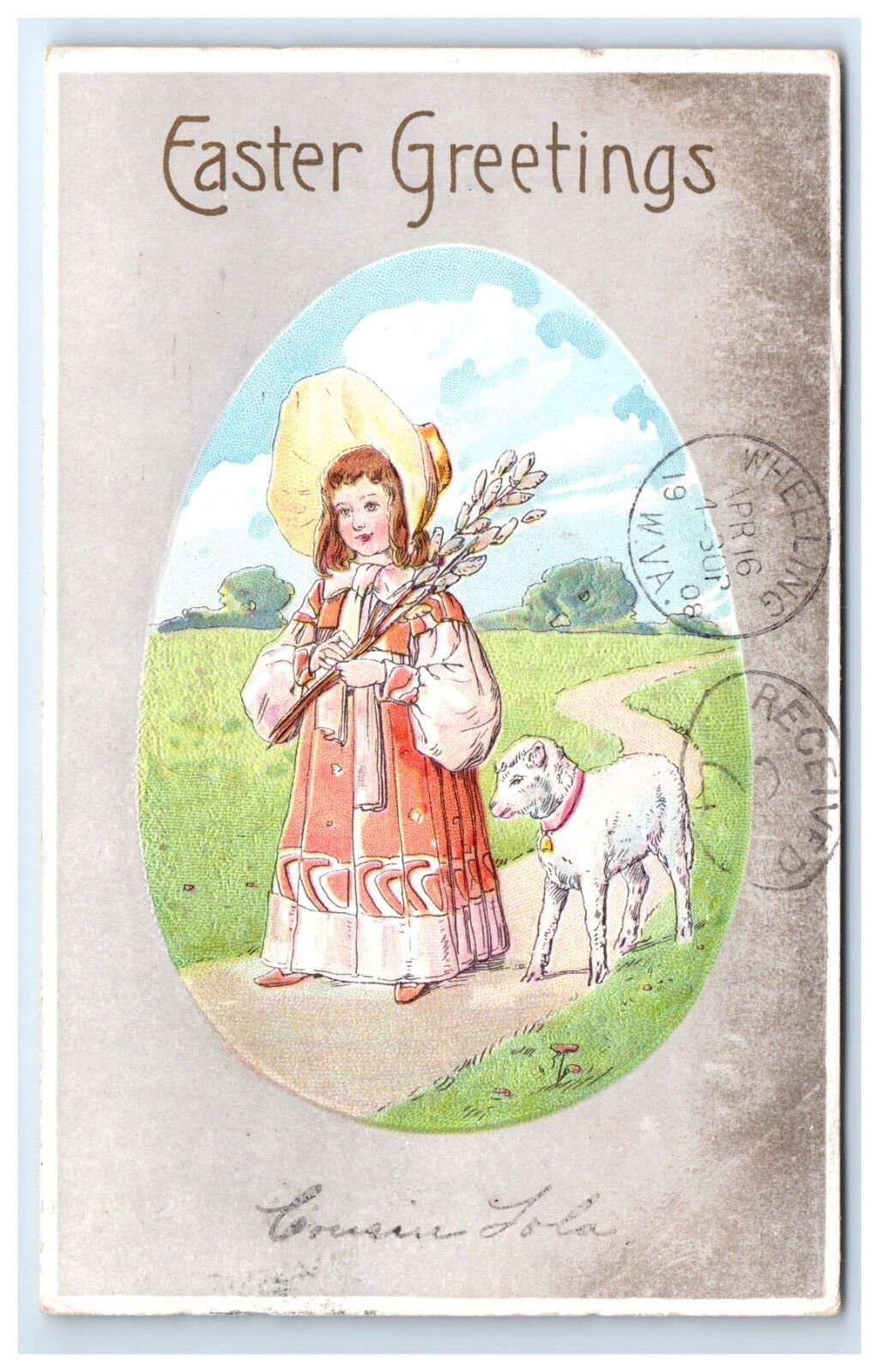 Postcard Easter Greetings girl with a lamb embossed egg posted 1908 D15