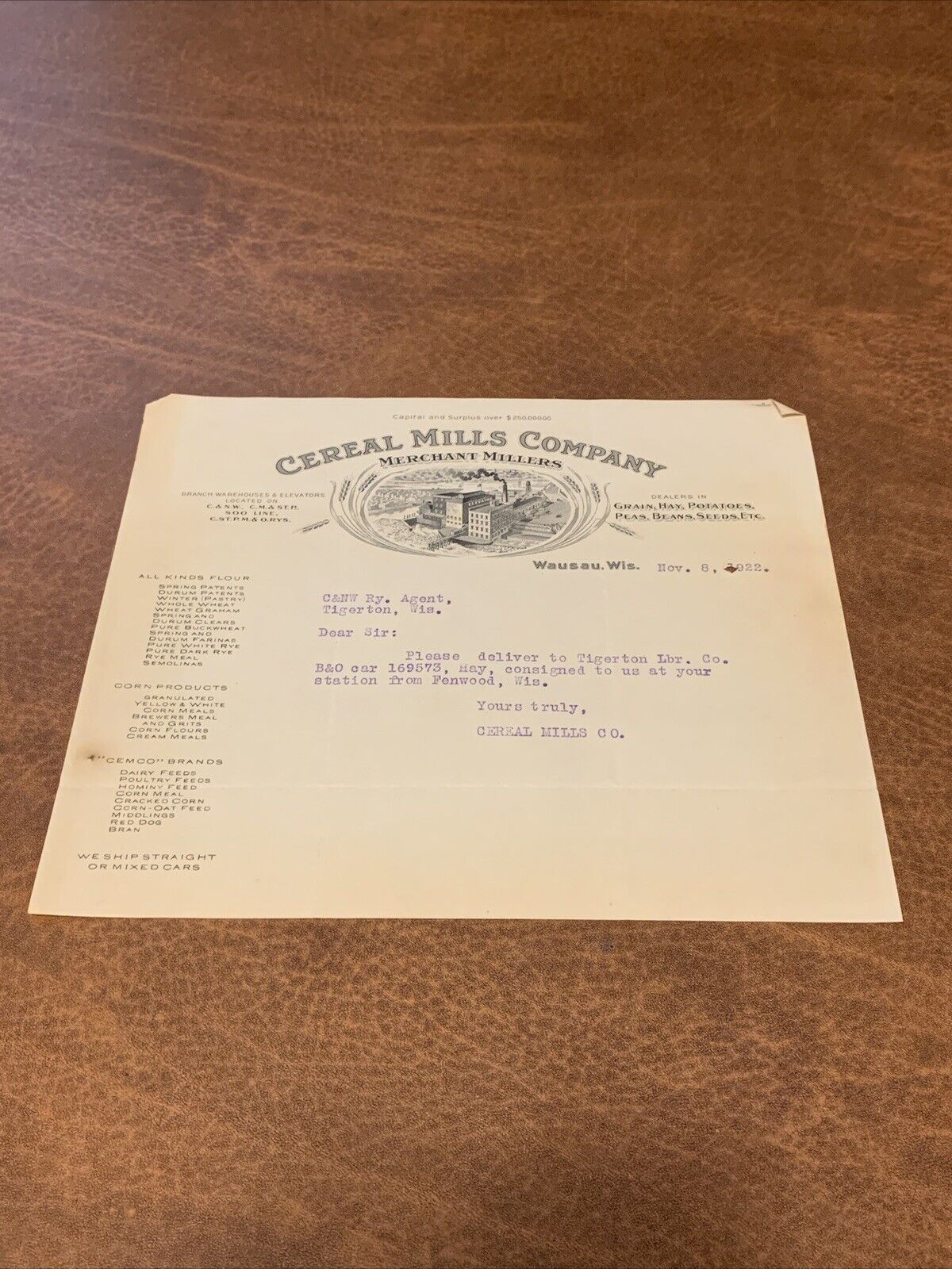 Rare Antique Cereal Mills Company Wausau Wisconsin 1922 Document 