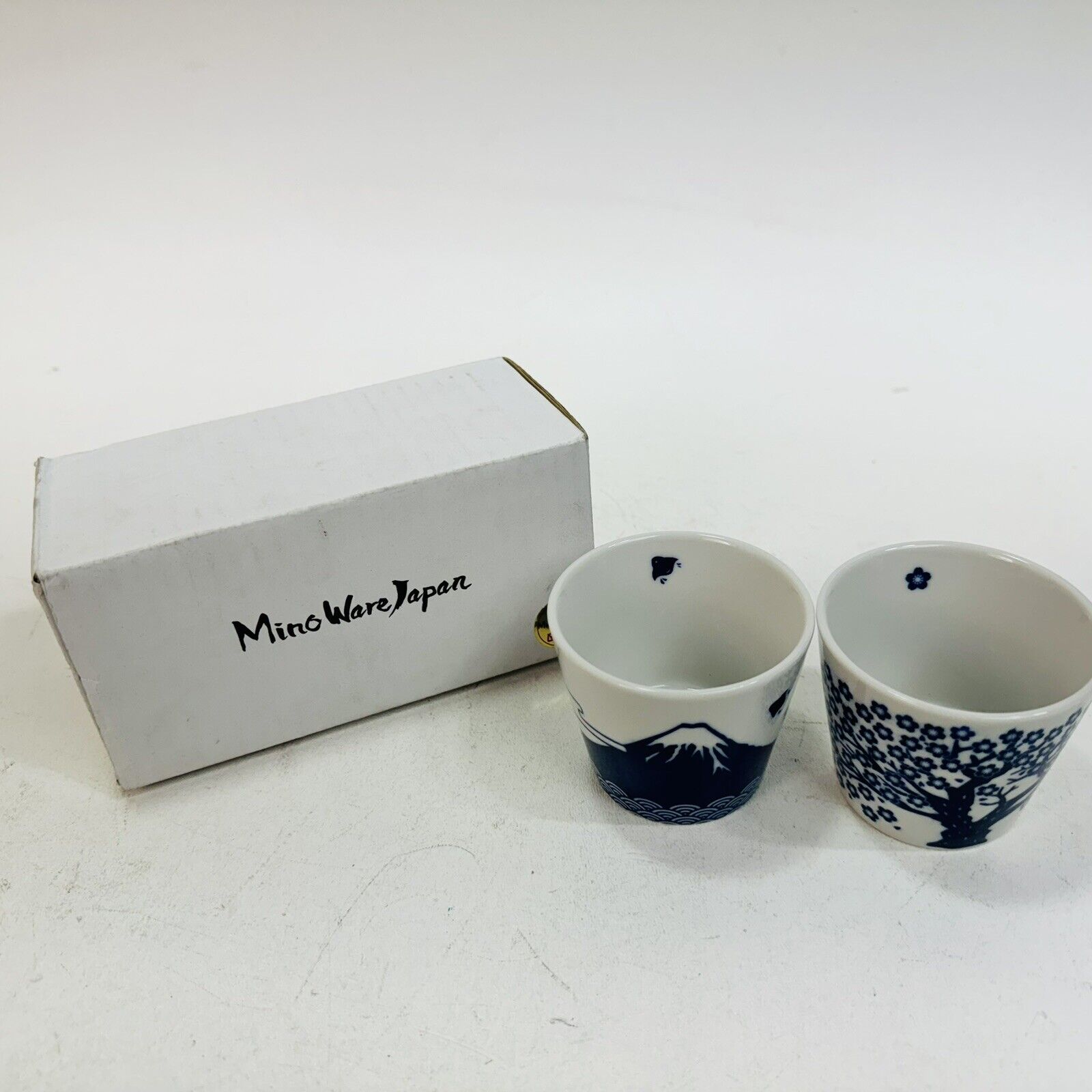Set of 2 - Japanese Sake Cups - Sakura and Mt. Fuji Design, Indigo Color Pottery