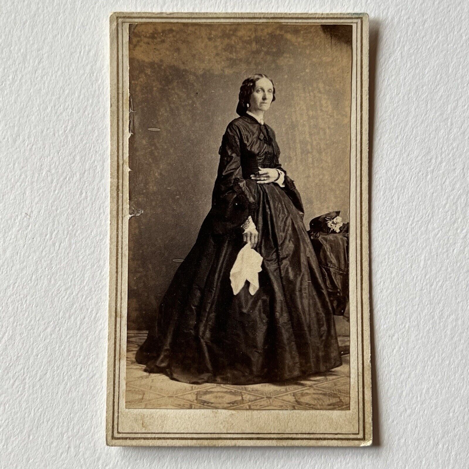Antique CDV Photograph Beautiful Somber Woman Holding Handkerchief Civil War Era