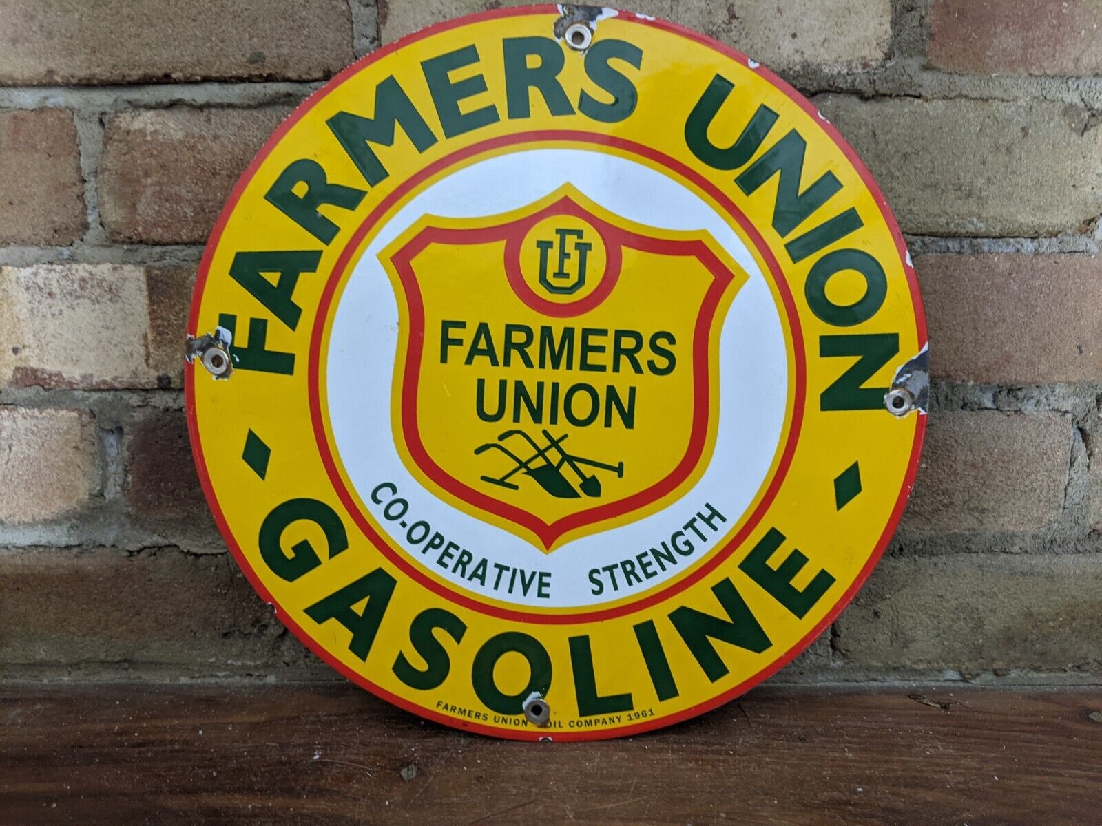 VINTAGE 1961 FARMERS UNION OIL CO. GASOLINE PORCELAIN GAS PUMP SIGN 12\