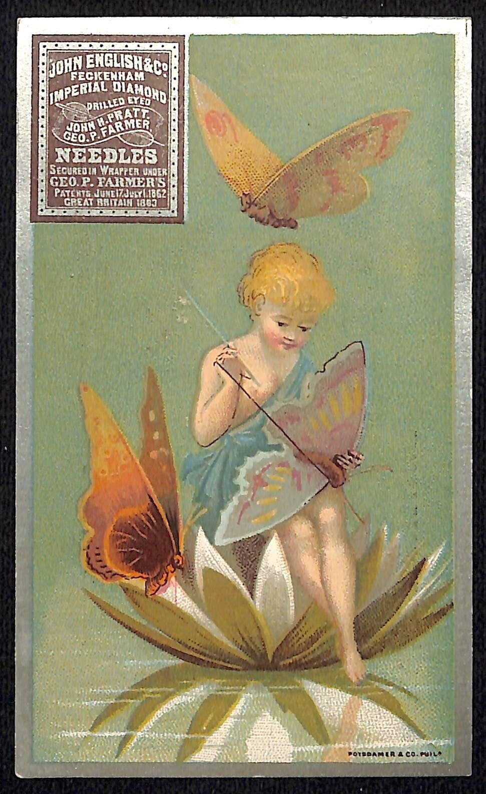 John English Needles / Edward Barlow Dry Goods Victorian Trade Card Butterfly