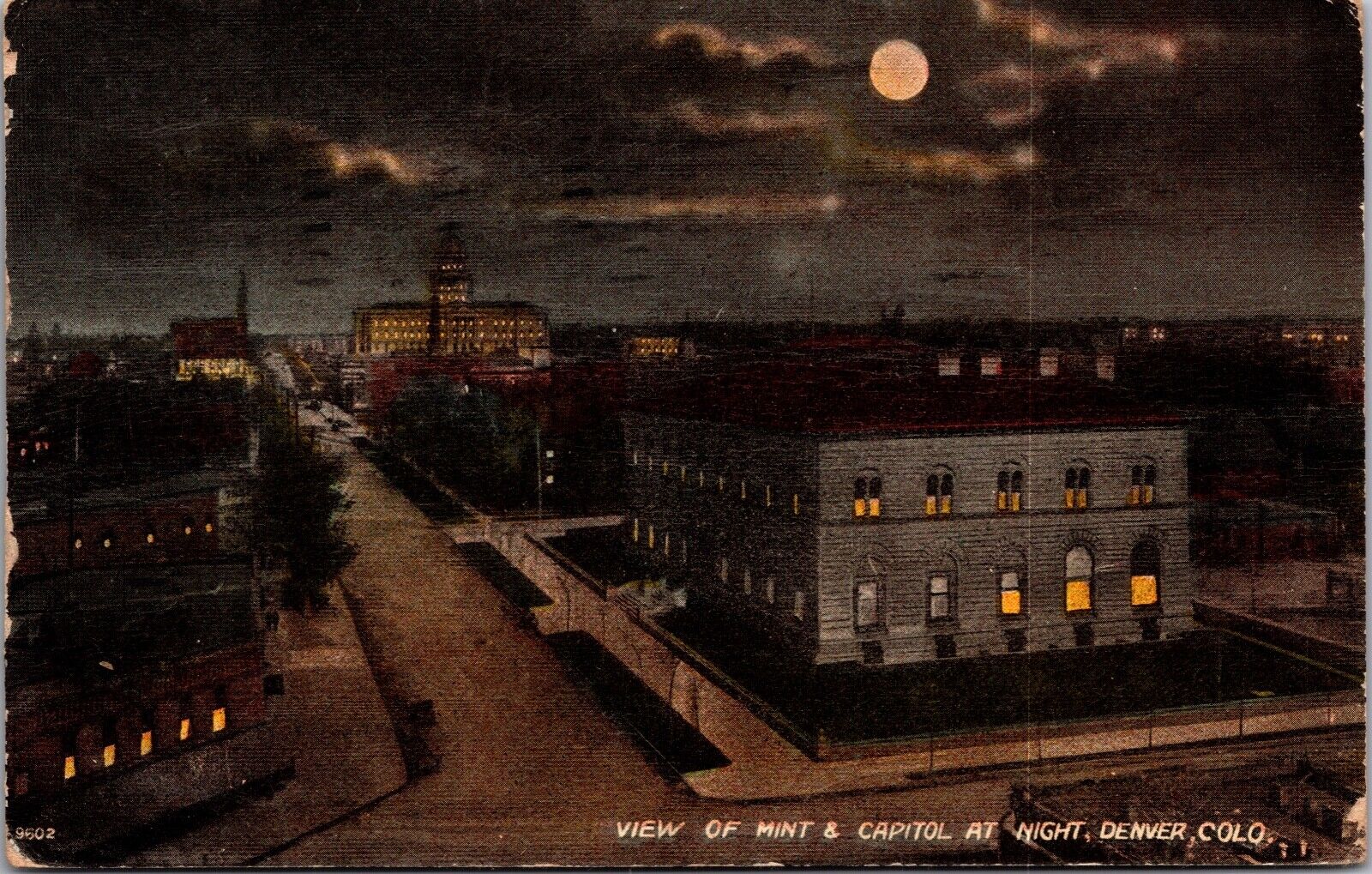 Postcard View of Mint and Capitol at Night in Denver, Colorado