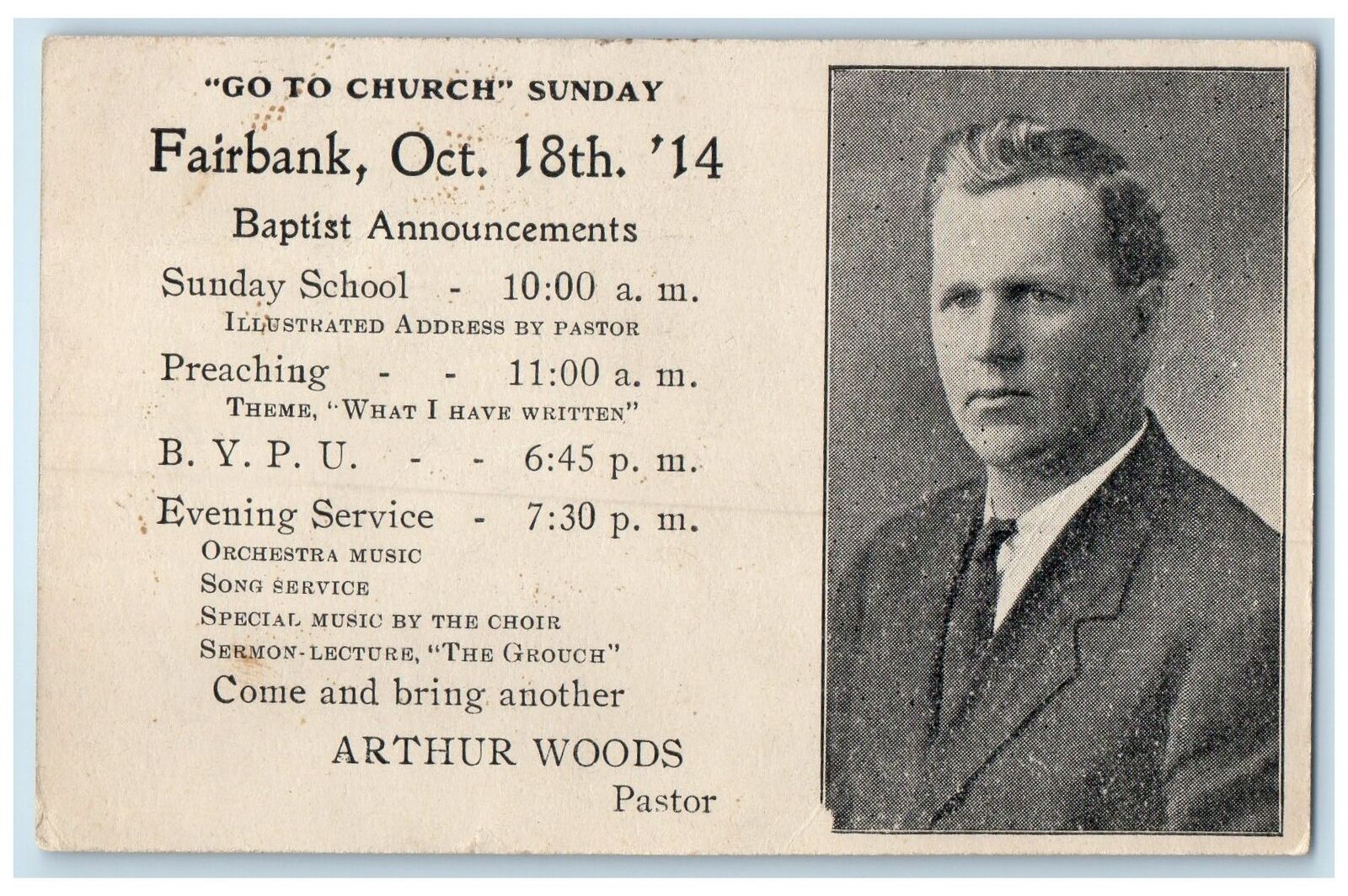 c1905's Go To Church Sunday Schedule Correspondence Fairbank Iowa IA Postcard