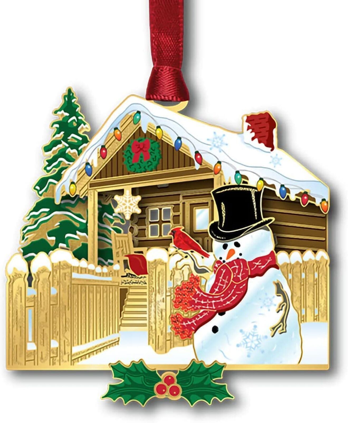 Beacon Design Holiday Log Cabin Ornament with Red Cardinal Snowman, Tree Deco...