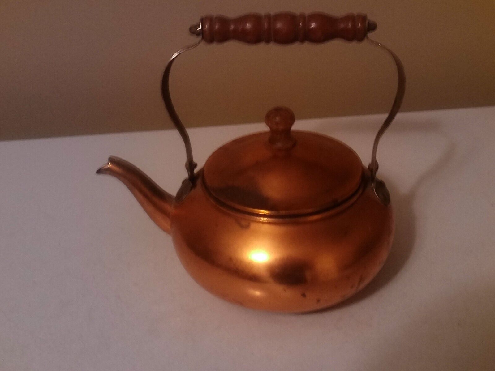 Vintage Copper Tea Kettle  Farmhouse Teapot Wood Gooseneck Handle
