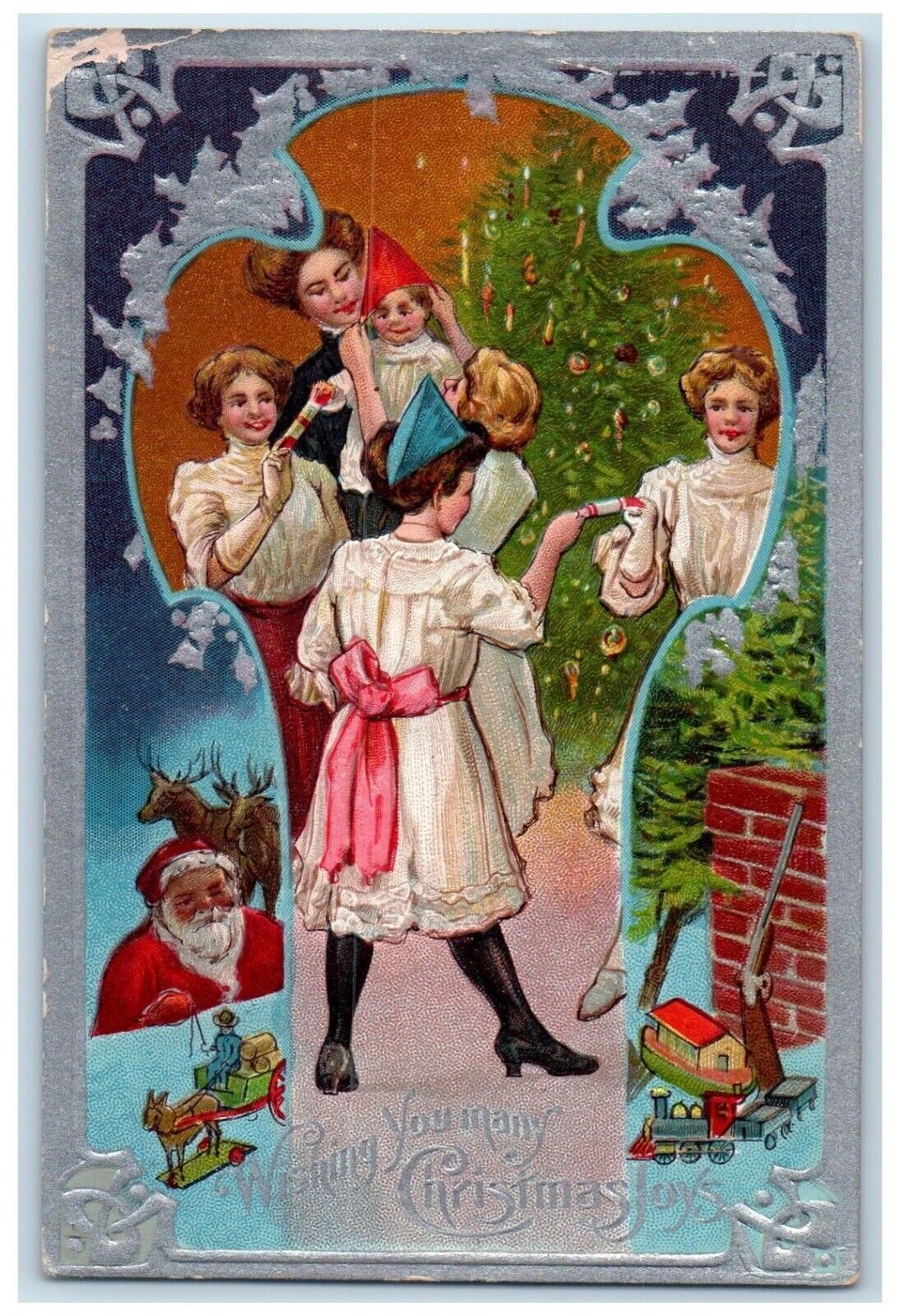 c1910\'s Christmas Santa Claus And Family Received Gift Present Antique Postcard