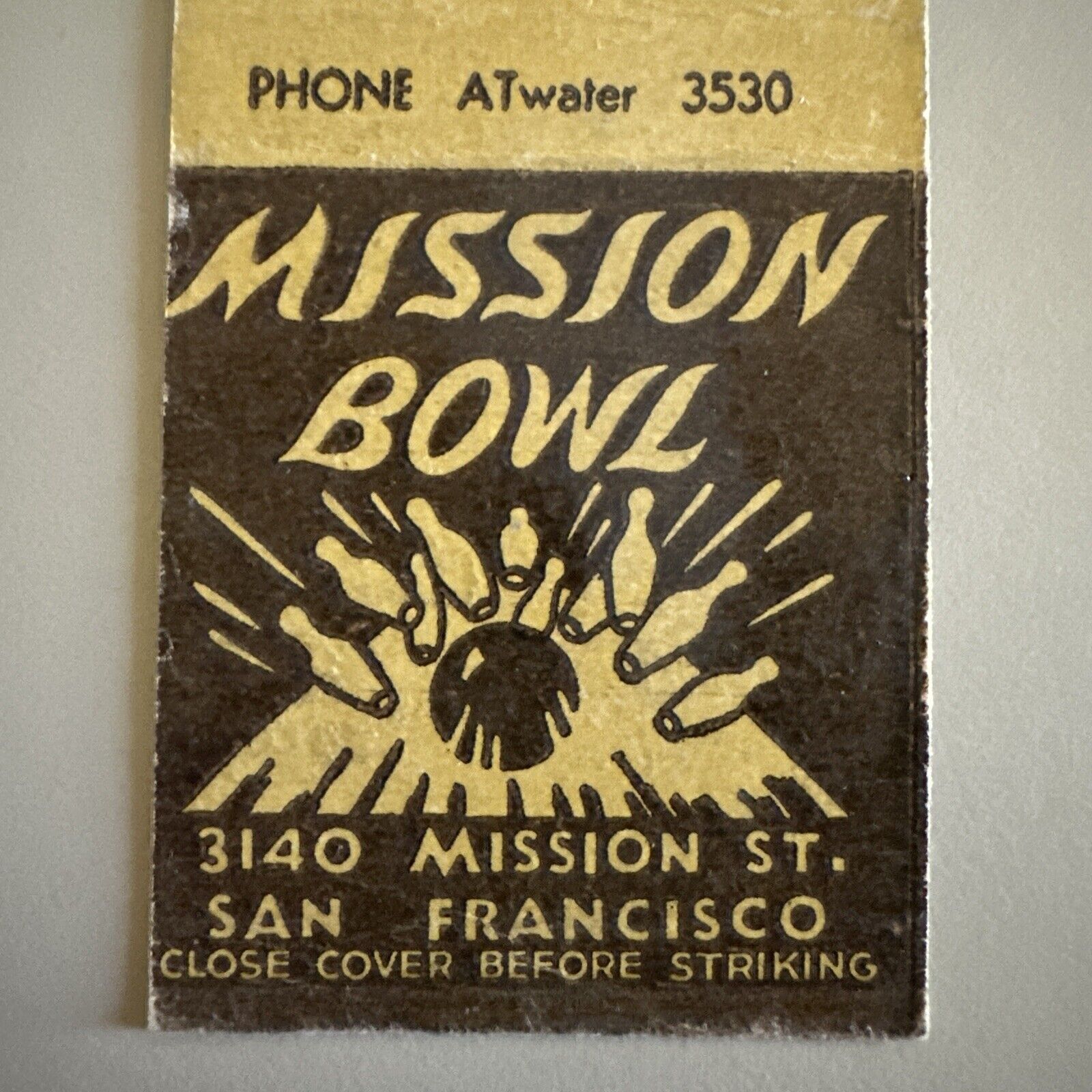 Vintage 1940s Mission Bowl San Francisco Bowling Alley Matchbook Cover RARE