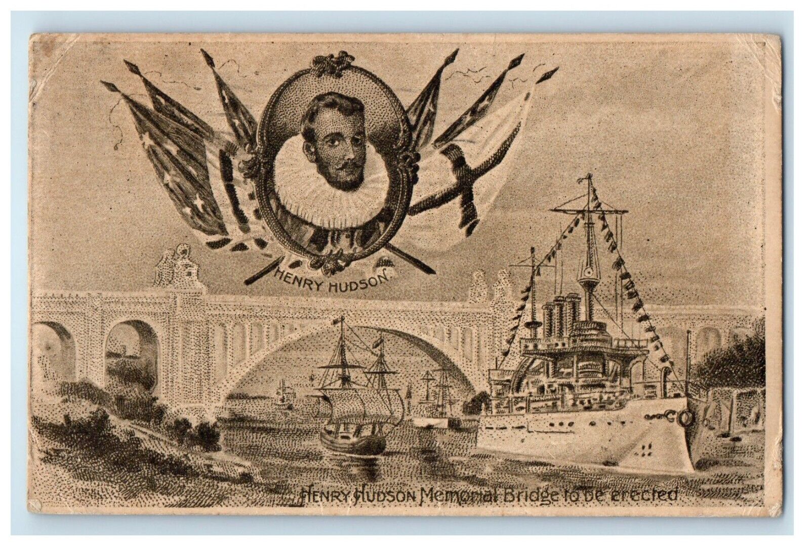 1909 Henry Hudson Memorial Bridge Erected Steamboat New York NY Antique Postcard