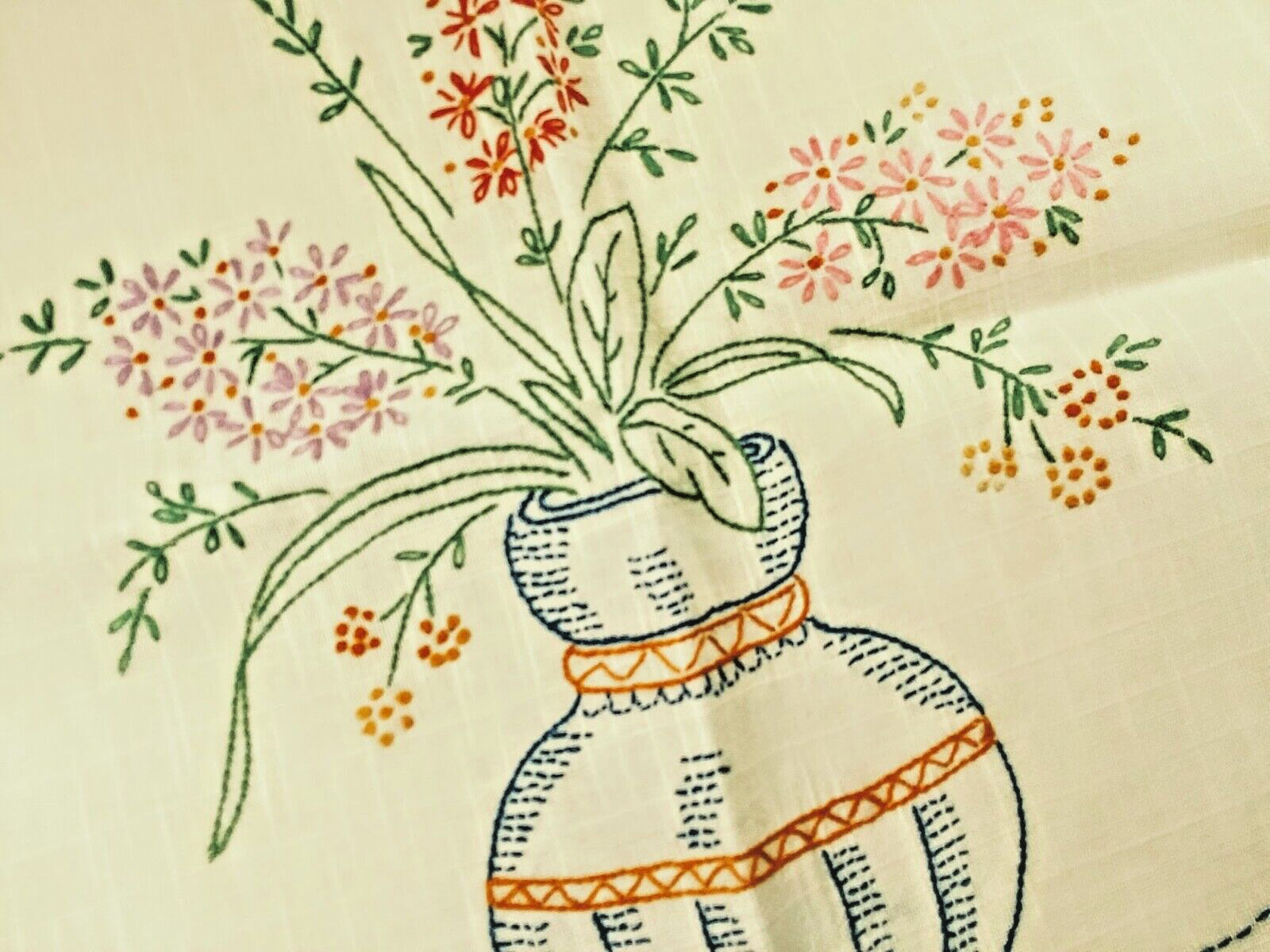 Vintage Embroidery Table Dresser Scarf Flowers Vase White Linen Cottage Cozy