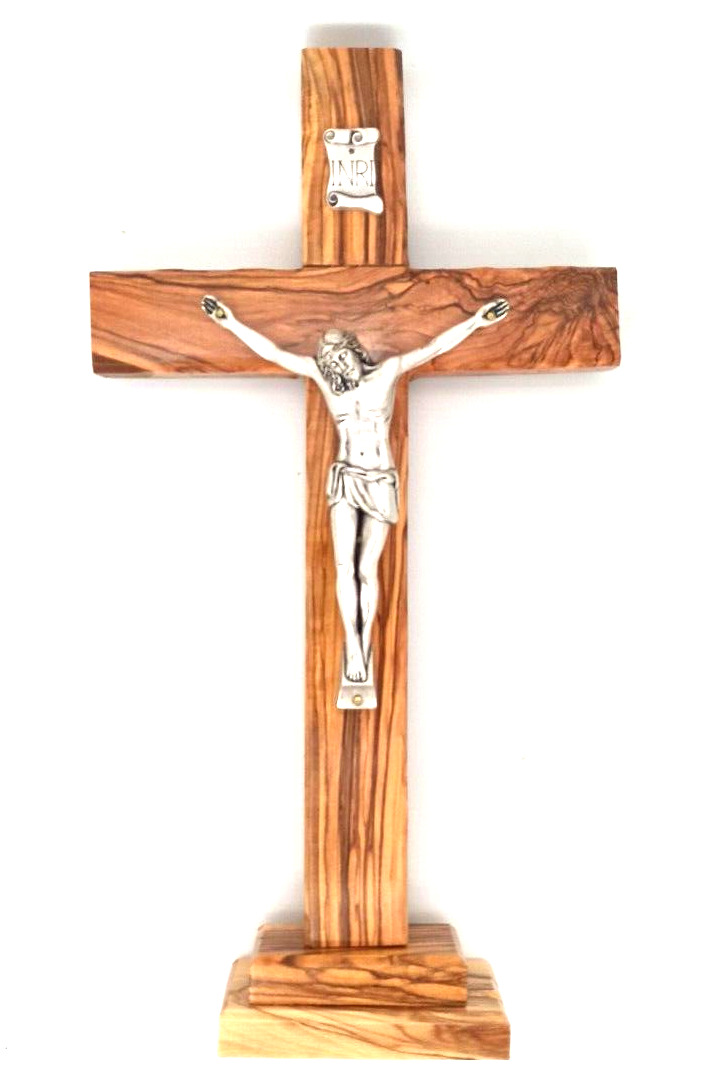13.5 in Large Olive Wood Cross Crucified with Base Hand Made Jerusalem Holy Land
