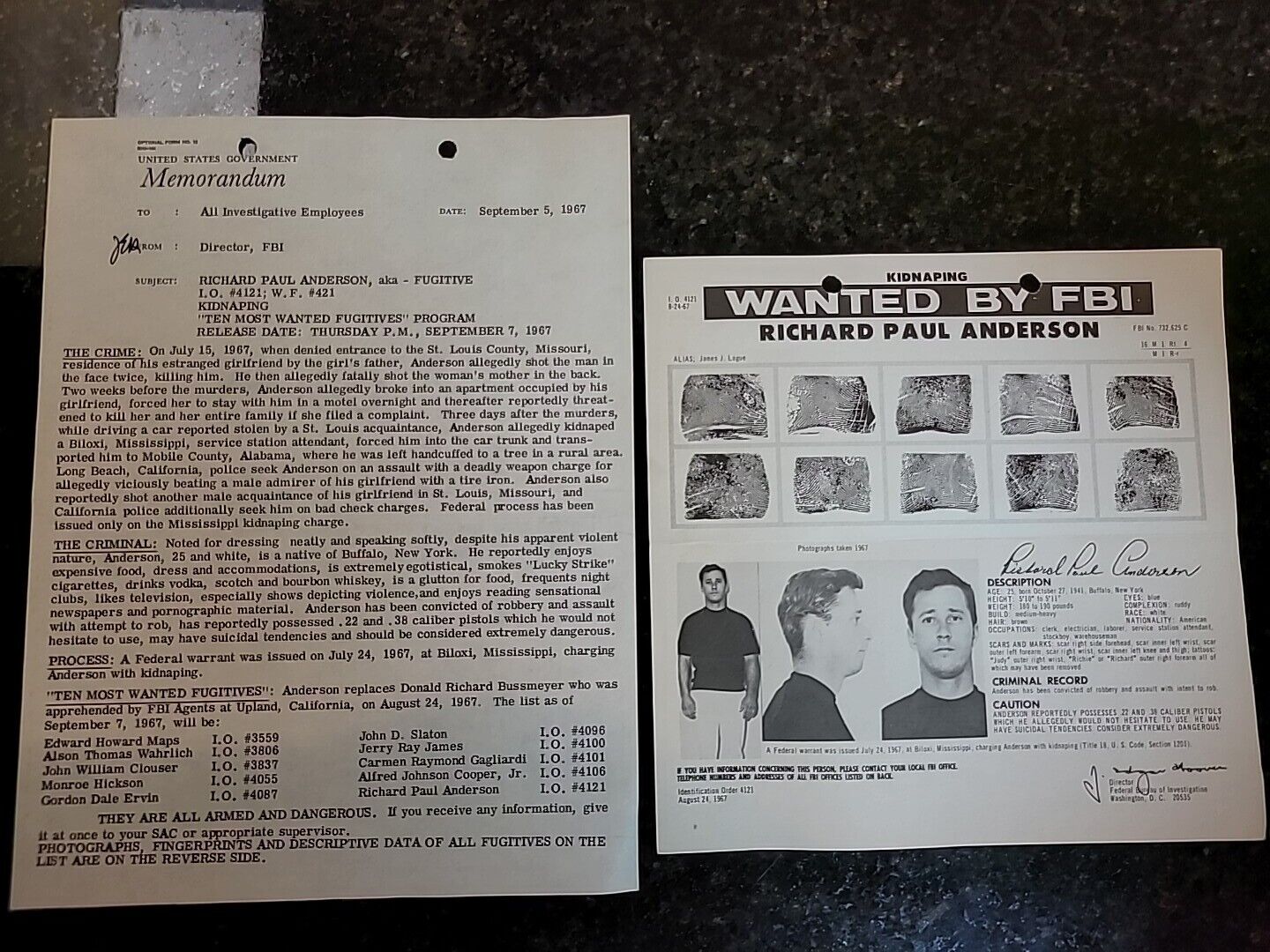 2 Piece FBI WANTED POSTER Set. Richard Paul Anderson, Kidnap. 1967