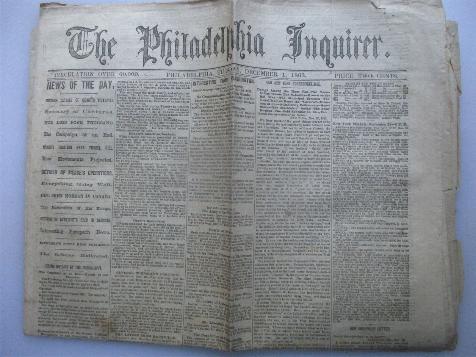 ORIGINAL Civil War Philadelphia Inquirer December 1, 1863 Morgan in Canada