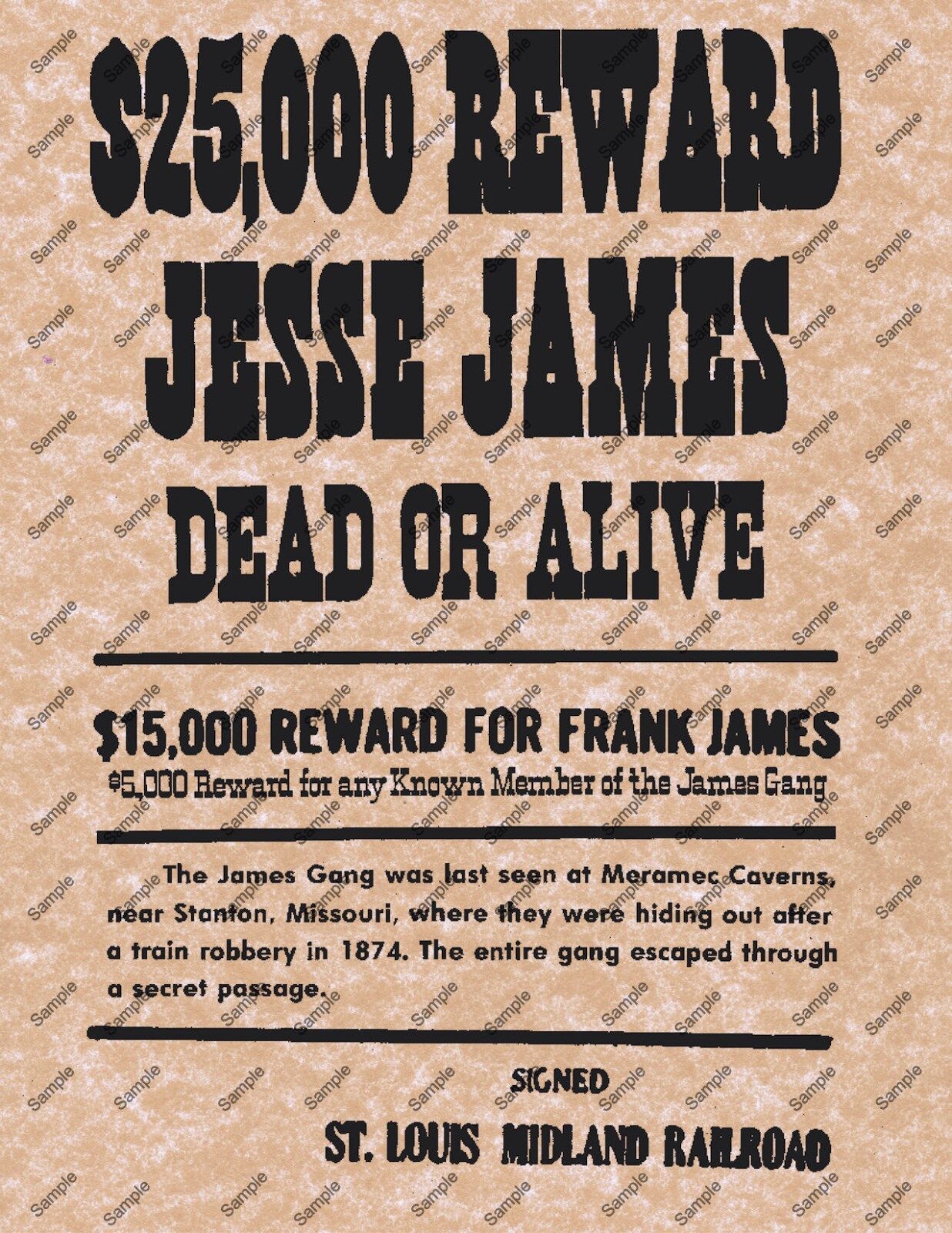 JESSE JAMES $25000 WANTED DEAD OR ALIVE REWARD POSTER Wild West Western 013