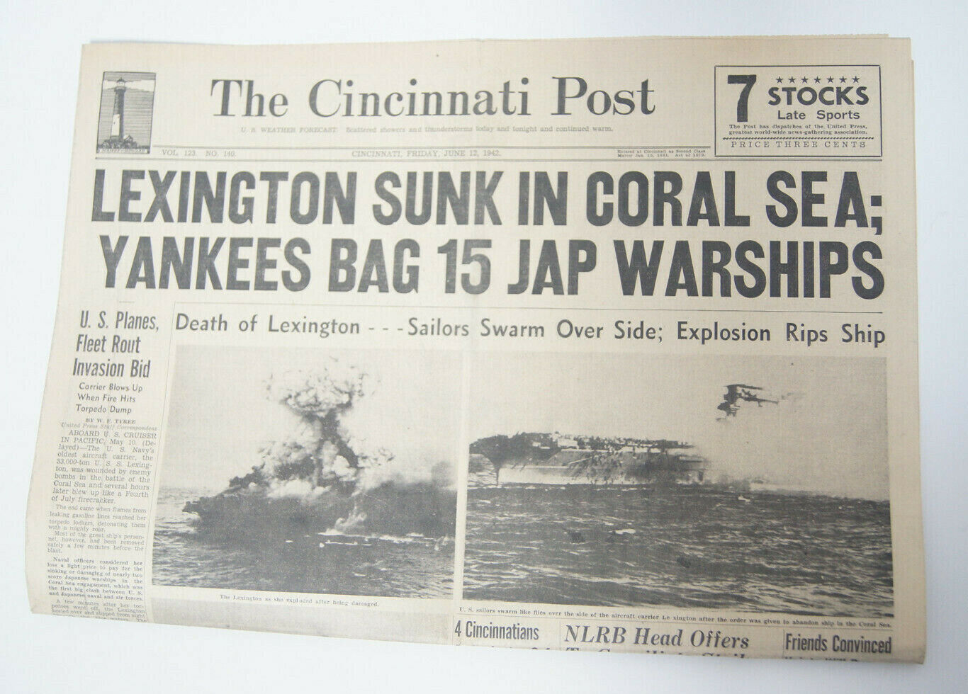 The Cincinnati Post 1942 Newspaper Lexington Sunk Yankees Japanese Warships
